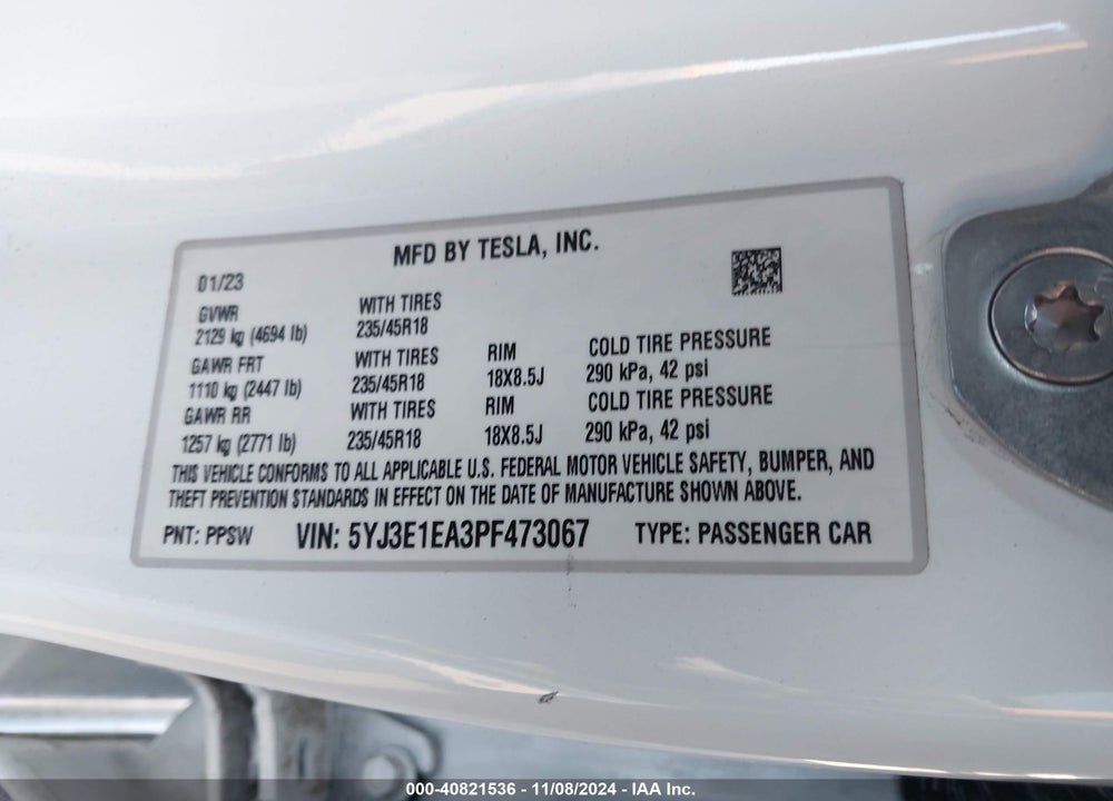 2023 TESLA MODEL 3 REAR-WHEEL DRIVE VIN: 5YJ3E1EA3PF473067