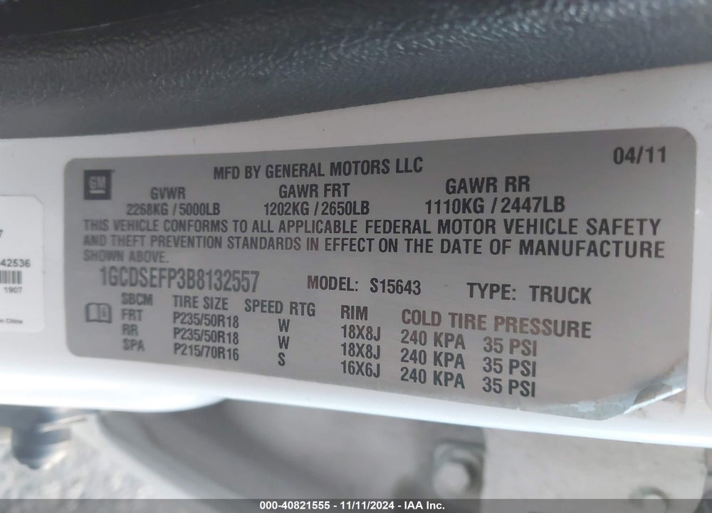 2011 CHEVROLET COLORADO 3LT VIN: 1GCDSEFP3B8132557