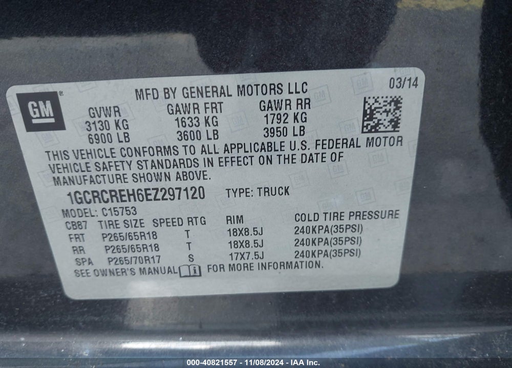 2014 CHEVROLET SILVERADO 1500 1LT VIN: 1GCRCREH6EZ297120