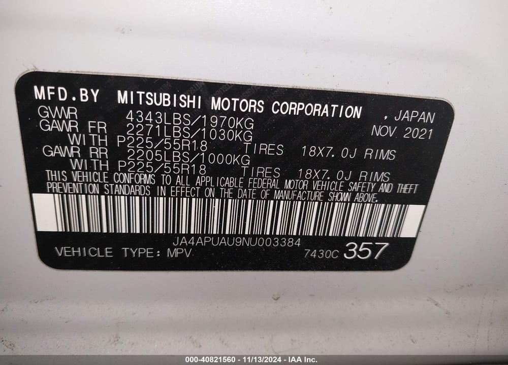 2022 MITSUBISHI OUTLANDER SPORT 2.0 BE 2WD/2.0 ES 2WD/2.0 LE 2WD/2.0 S 2WD VIN: JA4APUAU9NU003384