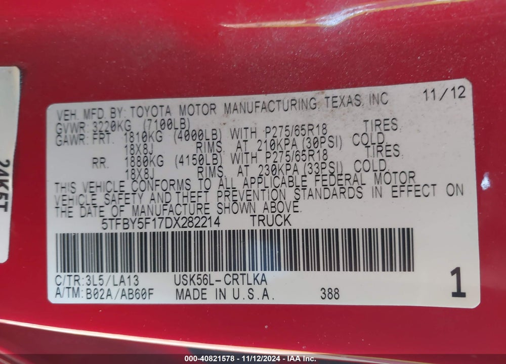 2013 TOYOTA TUNDRA LIMITED 5.7L V8 VIN: 5TFBY5F17DX282214