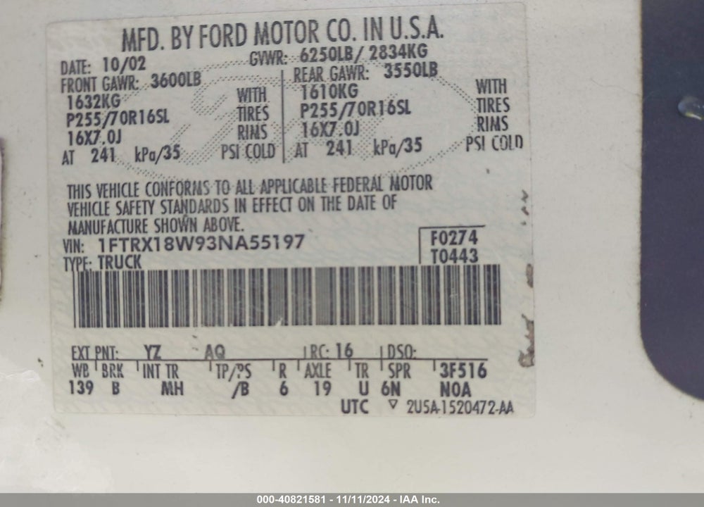 2003 FORD F-150 LARIAT/XL/XLT VIN: 1FTRX18W93NA55197