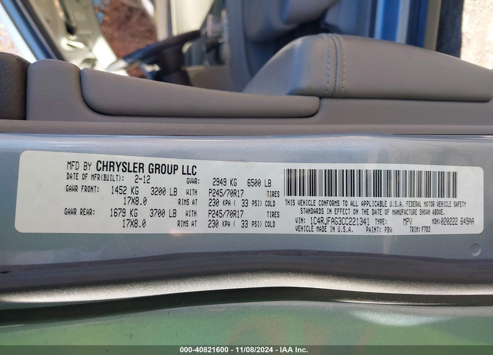 2012 JEEP GRAND CHEROKEE LAREDO VIN: 1C4RJFAG3CC221341