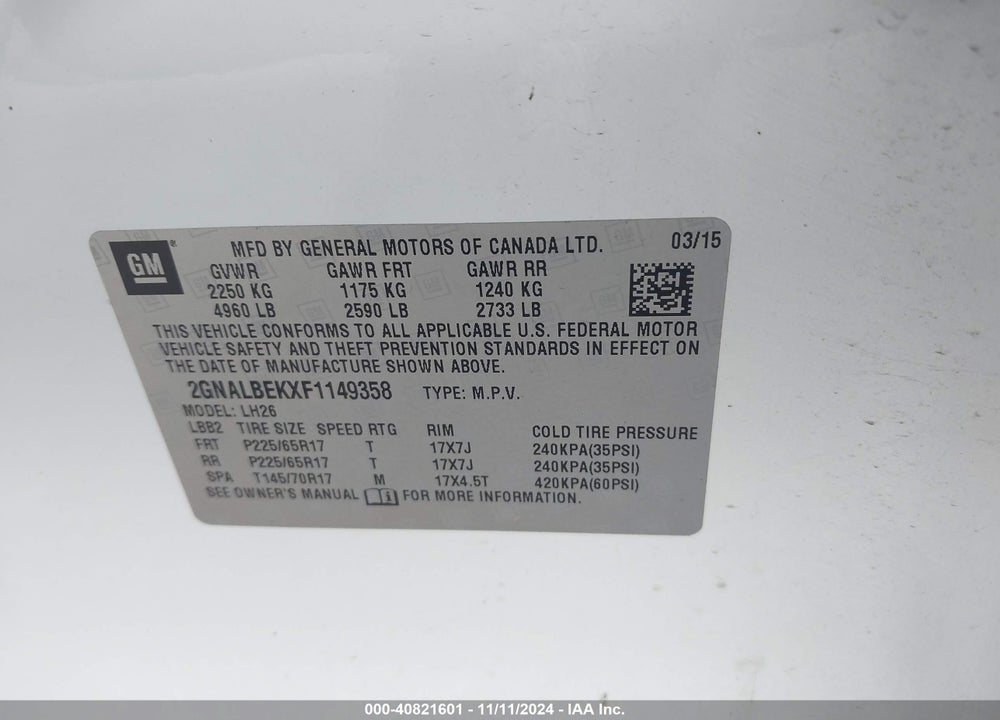 2015 CHEVROLET EQUINOX 1LT VIN: 2GNALBEKXF1149358