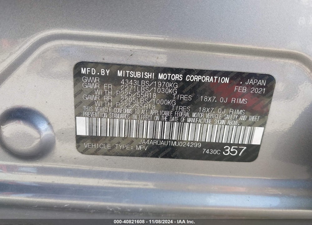 2021 MITSUBISHI OUTLANDER SPORT 2.0 BE /2.0 ES /2.0 LE /2.0 SE VIN: JA4ARUAU1MU024299