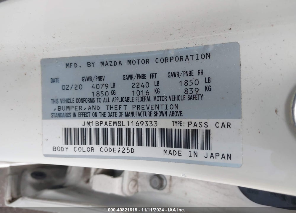 2020 MAZDA 3 PREMIUM PACKAGE VIN: JM1BPAEM8L1169333