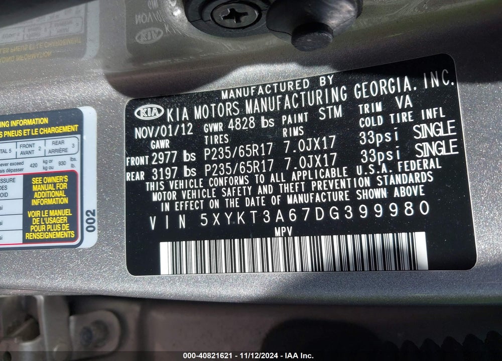 2013 KIA SORENTO LX VIN: 5XYKT3A67DG399980