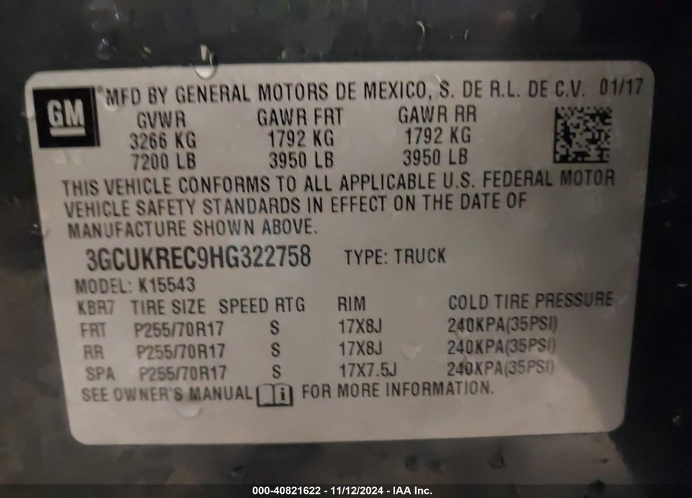 2017 CHEVROLET SILVERADO 1500 1LT VIN: 3GCUKREC9HG322758