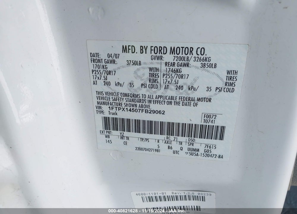 2007 FORD F-150 FX4/LARIAT/XL/XLT VIN: 1FTPX14507FB29062