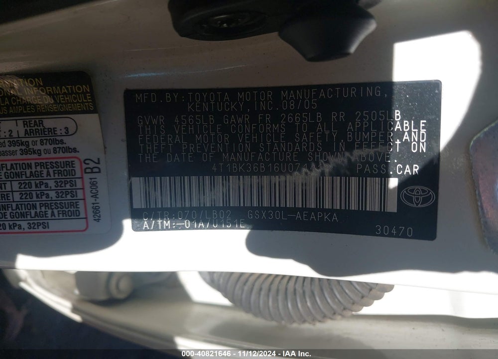 2006 TOYOTA AVALON VIN: 4T1BK36B16U071413