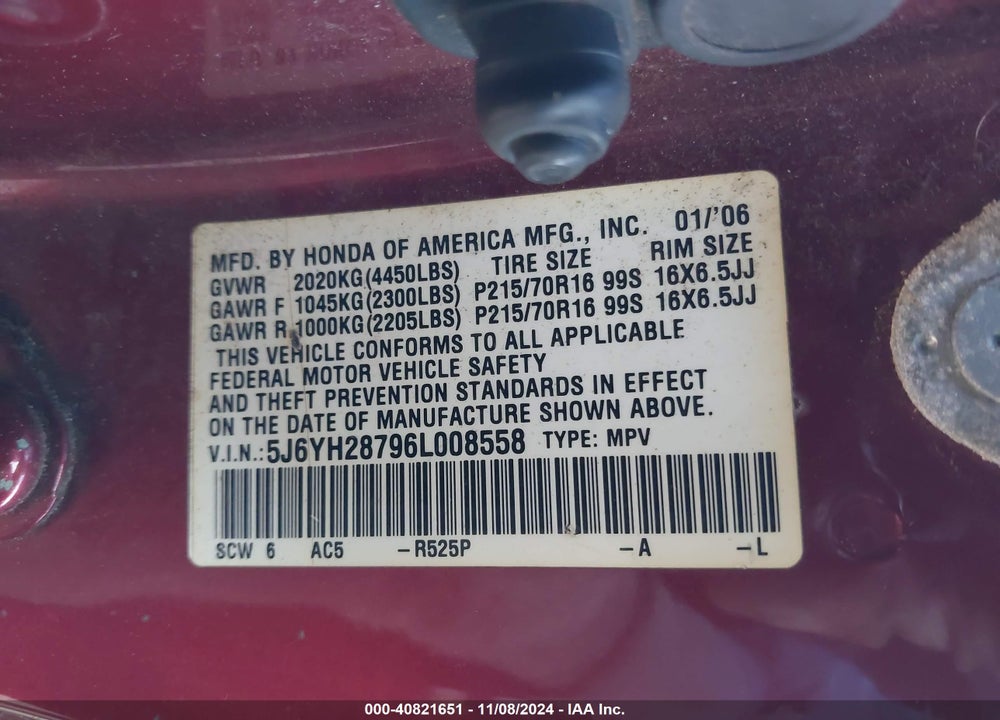 2006 HONDA ELEMENT EX-P VIN: 5J6YH28796L008558