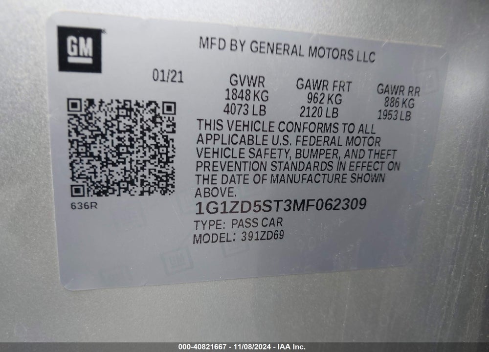 2021 CHEVROLET MALIBU FWD LT VIN: 1G1ZD5ST3MF062309