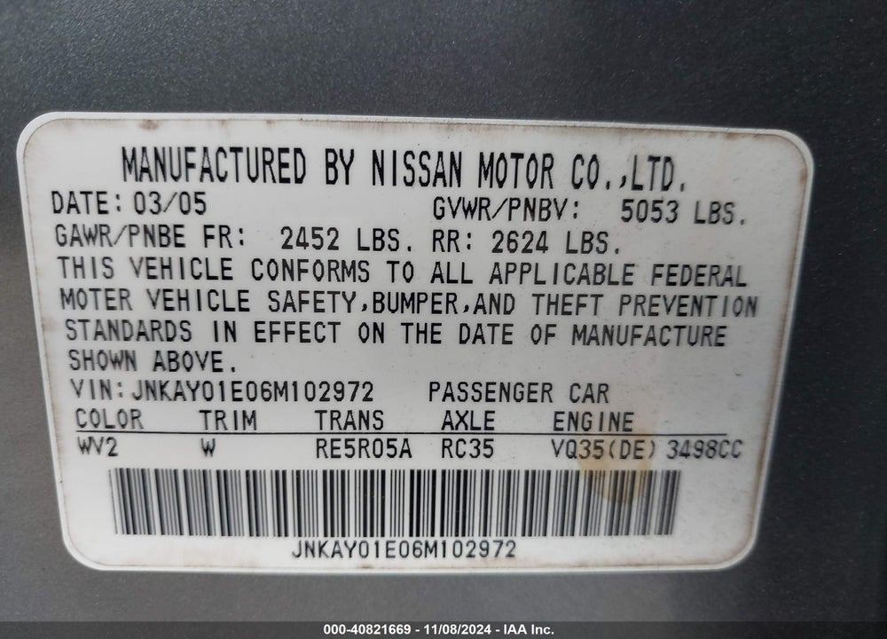2006 INFINITI M35 SPORT VIN: JNKAY01E06M102972