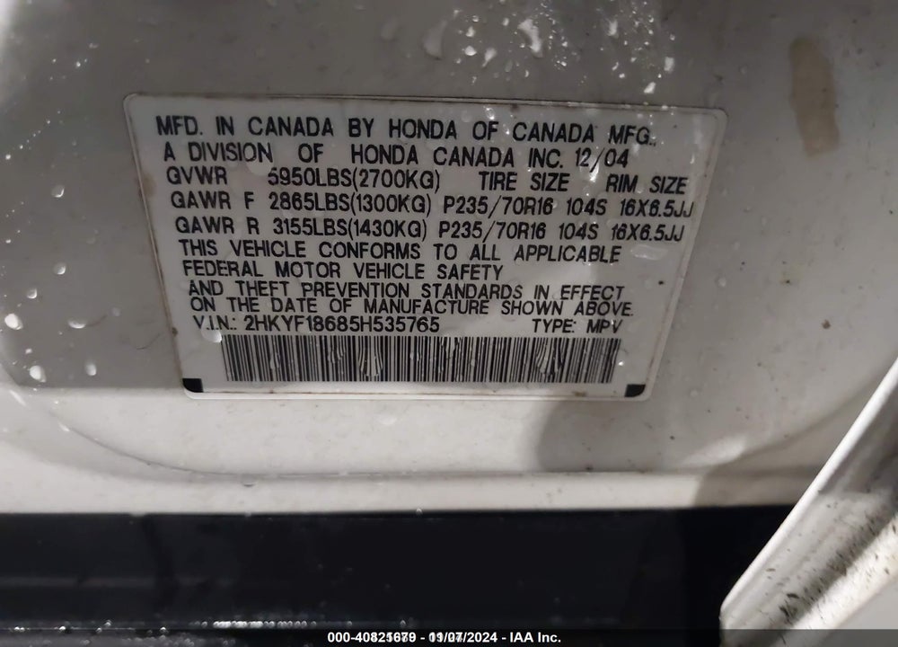 2005 HONDA PILOT EX-L VIN: 2HKYF18685H535765