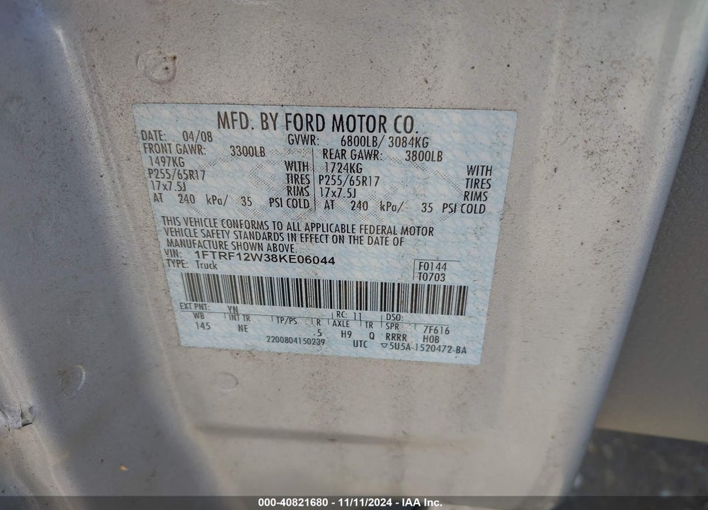 2008 FORD F-150 FX2/STX/XL/XLT VIN: 1FTRF12W38KE06044