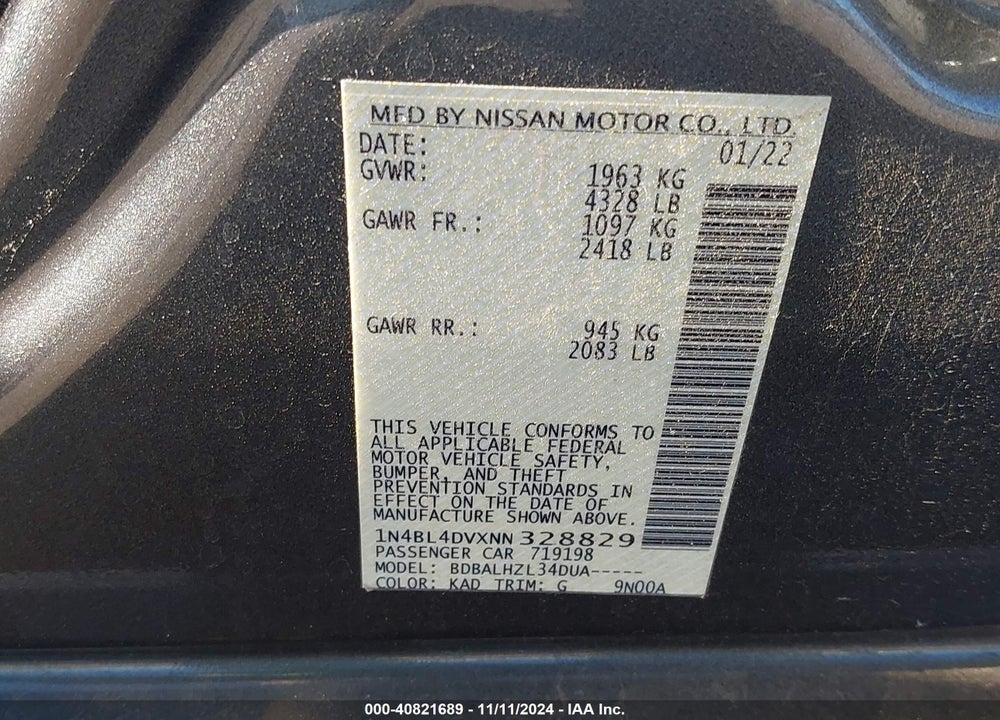 2022 NISSAN ALTIMA SV FWD VIN: 1N4BL4DVXNN328829