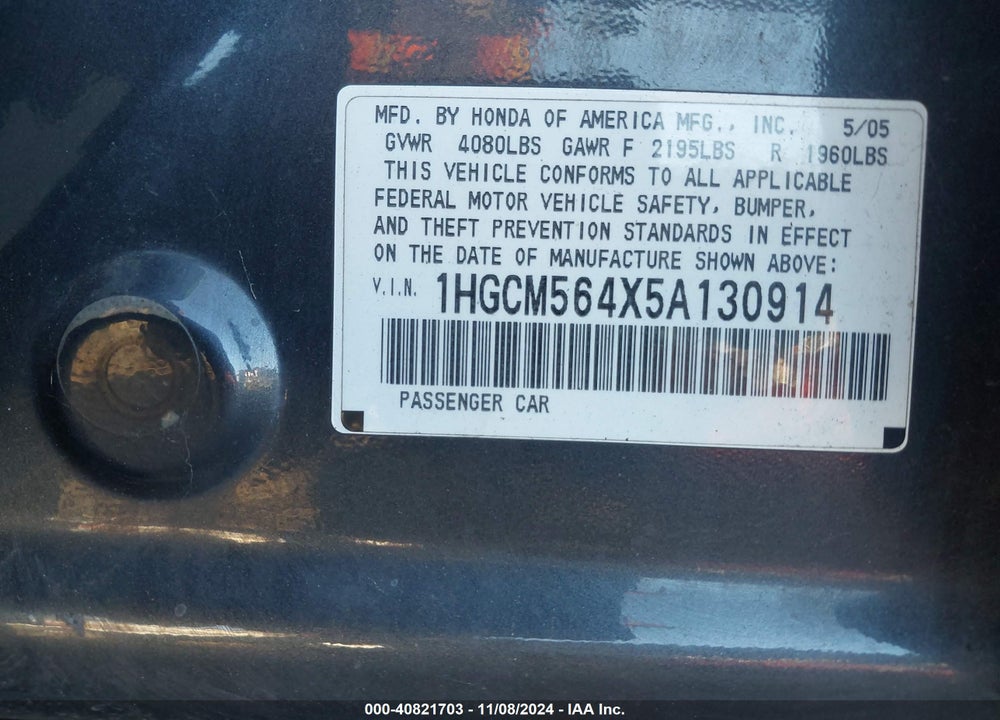 2005 HONDA ACCORD 2.4 LX VIN: 1HGCM564X5A130914