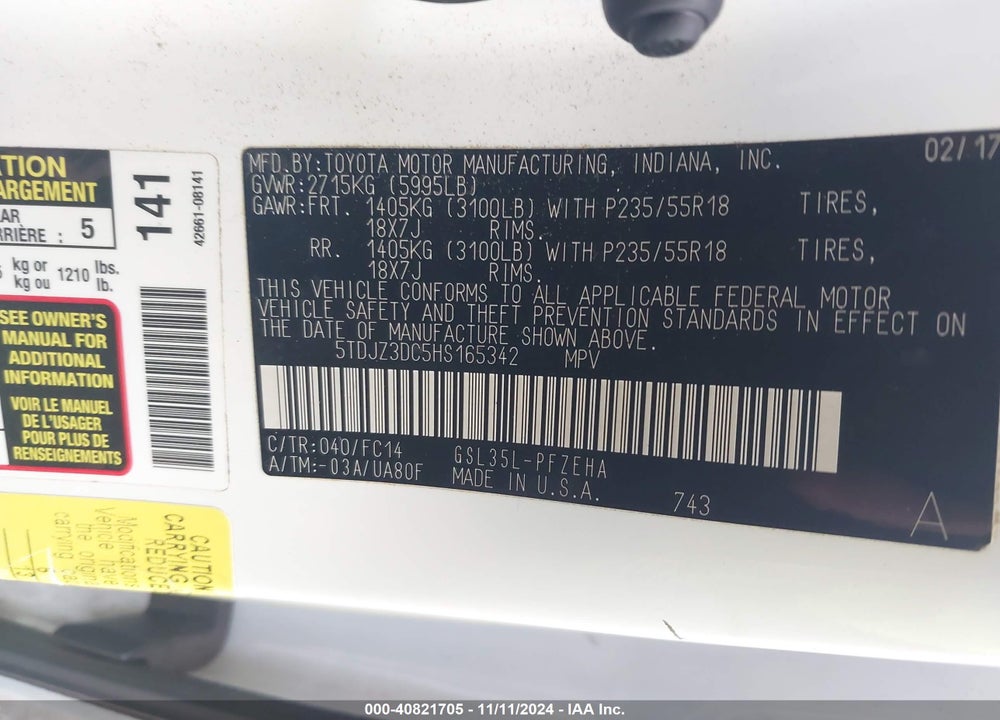 2017 TOYOTA SIENNA LE 7 PASSENGER VIN: 5TDJZ3DC5HS165342