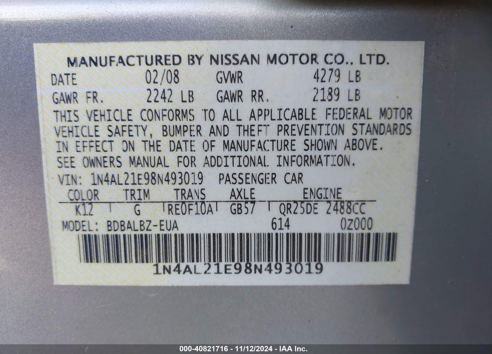 2008 NISSAN ALTIMA 2.5 S VIN: 1N4AL21E98N493019