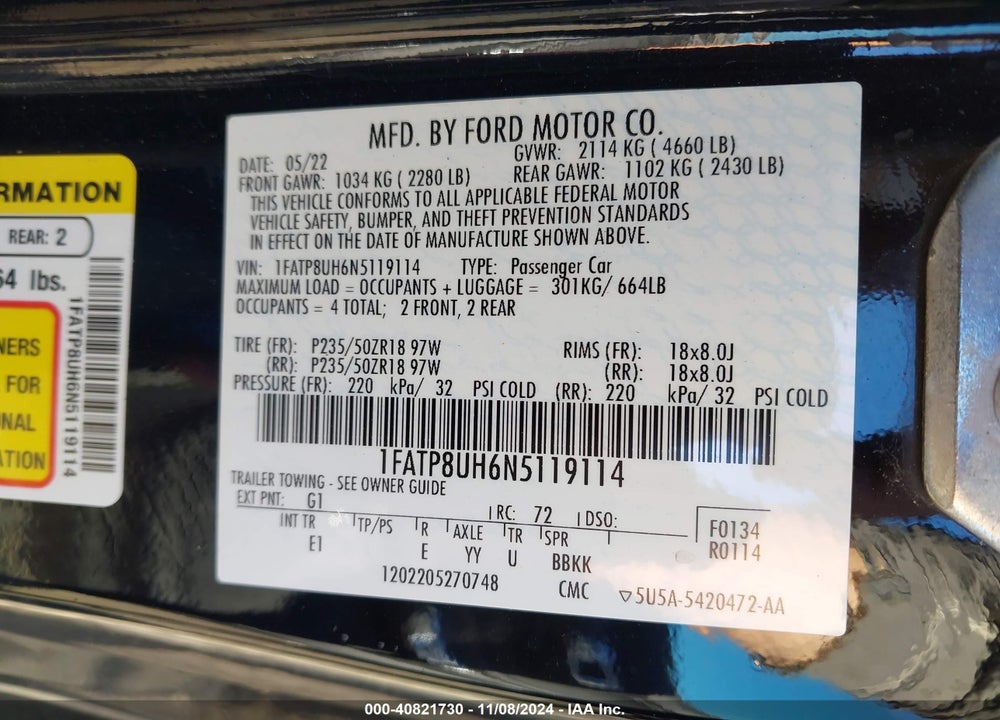 2022 FORD MUSTANG VIN: 1FATP8UH6N5119114