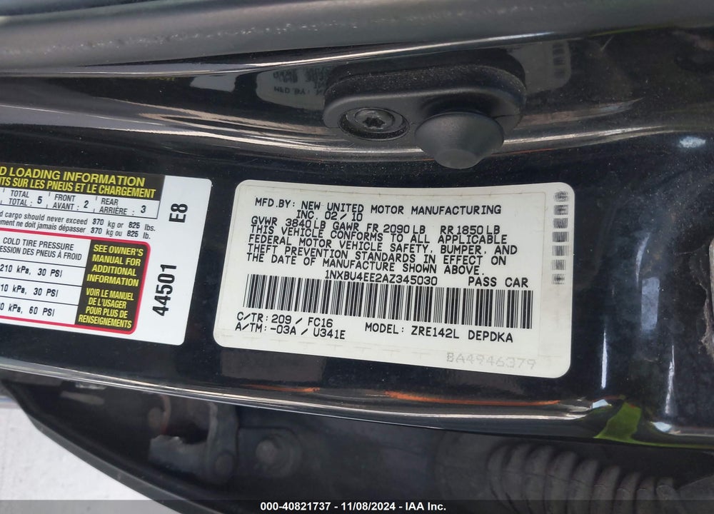 2010 TOYOTA COROLLA LE VIN: 1NXBU4EE2AZ345030