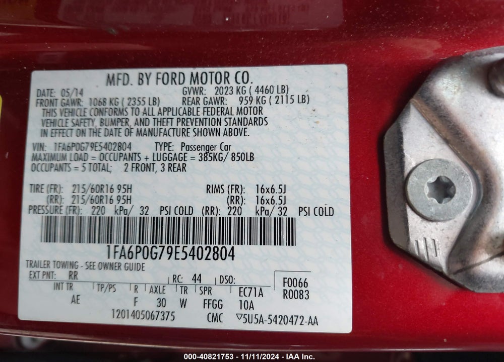 2014 FORD FUSION S VIN: 1FA6P0G79E5402804