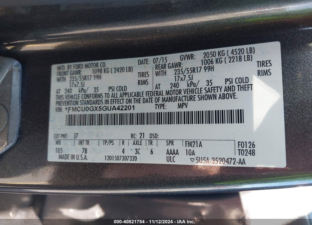 2016 FORD ESCAPE SE VIN: 1FMCU0GX5GUA42201