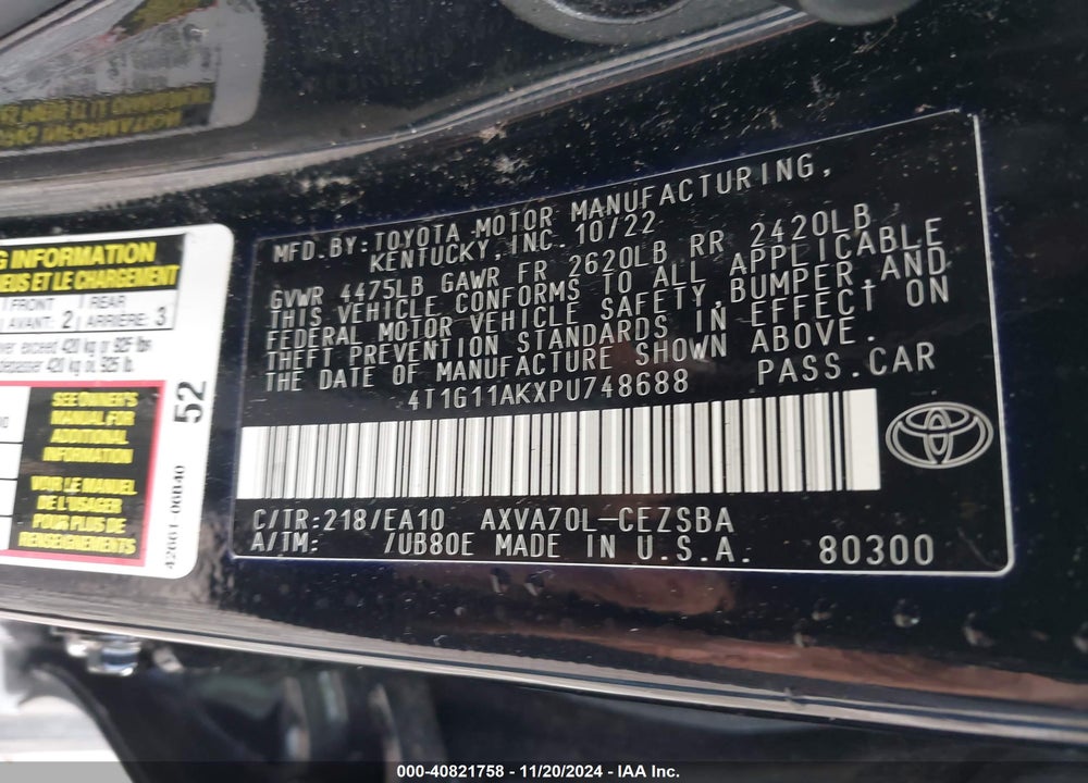 2023 TOYOTA CAMRY SE VIN: 4T1G11AKXPU748688
