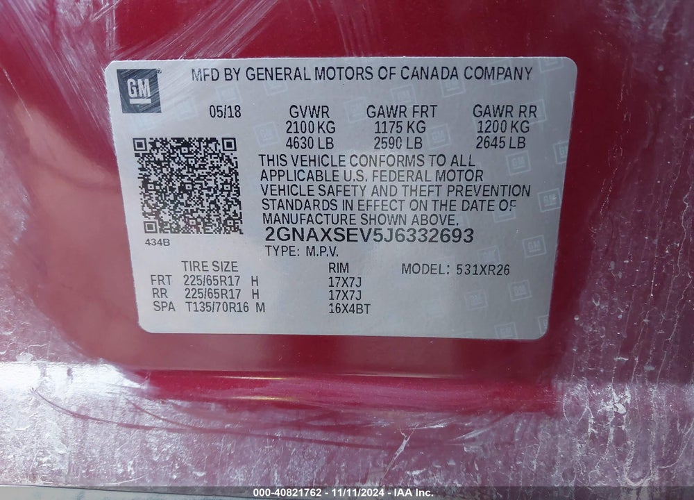 2018 CHEVROLET EQUINOX VIN: 2GNAXSEV5J6332693