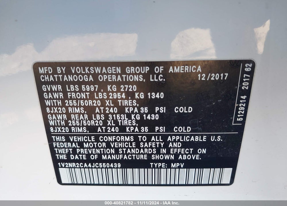 2018 VOLKSWAGEN ATLAS 3.6L V6 SEL PREMIUM VIN: 1V2NR2CA4JC550439