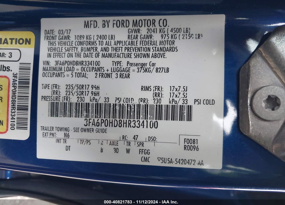 2017 FORD FUSION SE VIN: 3FA6P0HD8HR334100