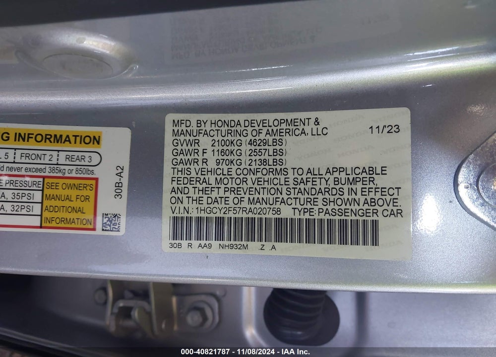 2024 HONDA ACCORD HYBRID SPORT VIN: 1HGCY2F57RA020758