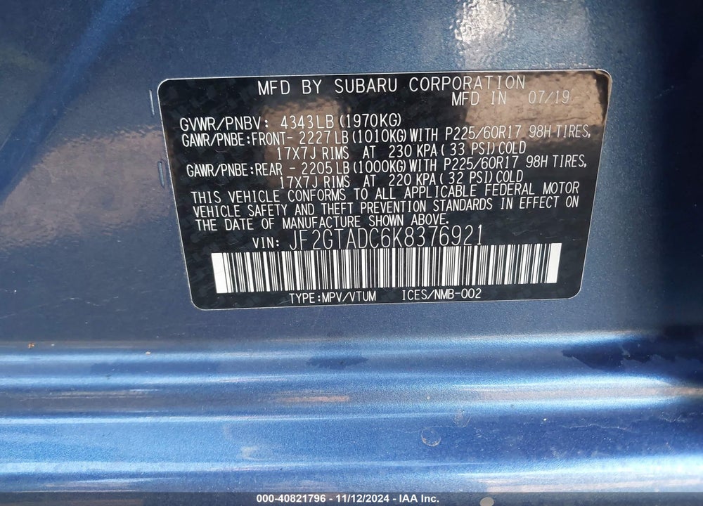2019 SUBARU CROSSTREK 2.0I PREMIUM VIN: JF2GTADC6K8376921