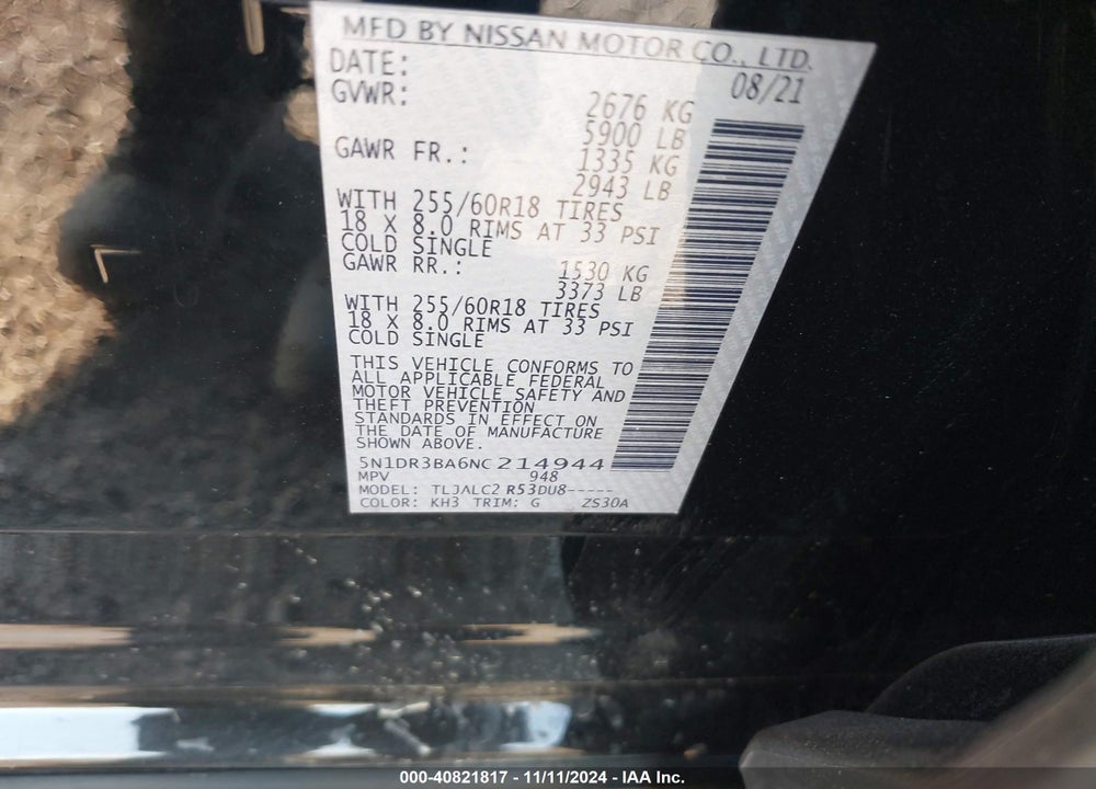 2022 NISSAN PATHFINDER SV 2WD VIN: 5N1DR3BA6NC214944