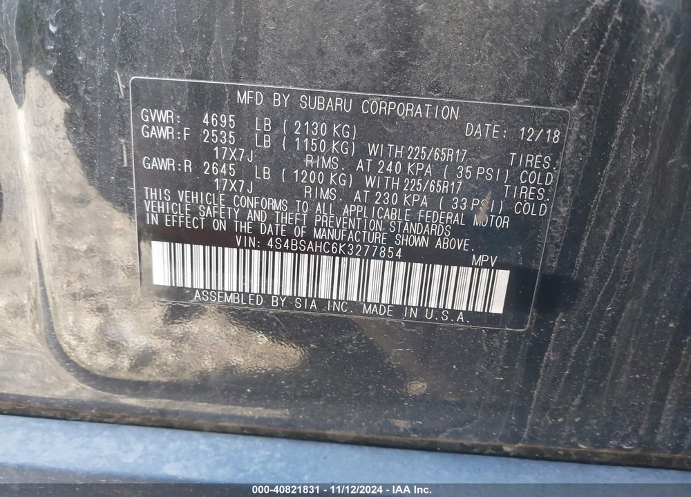2019 SUBARU OUTBACK VIN: 4S4BSAHC6K3277854