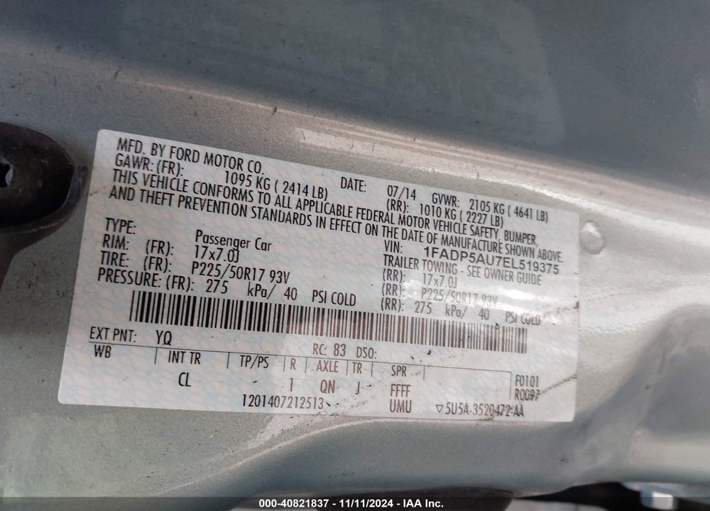 2014 FORD C-MAX HYBRID SE VIN: 1FADP5AU7EL519375
