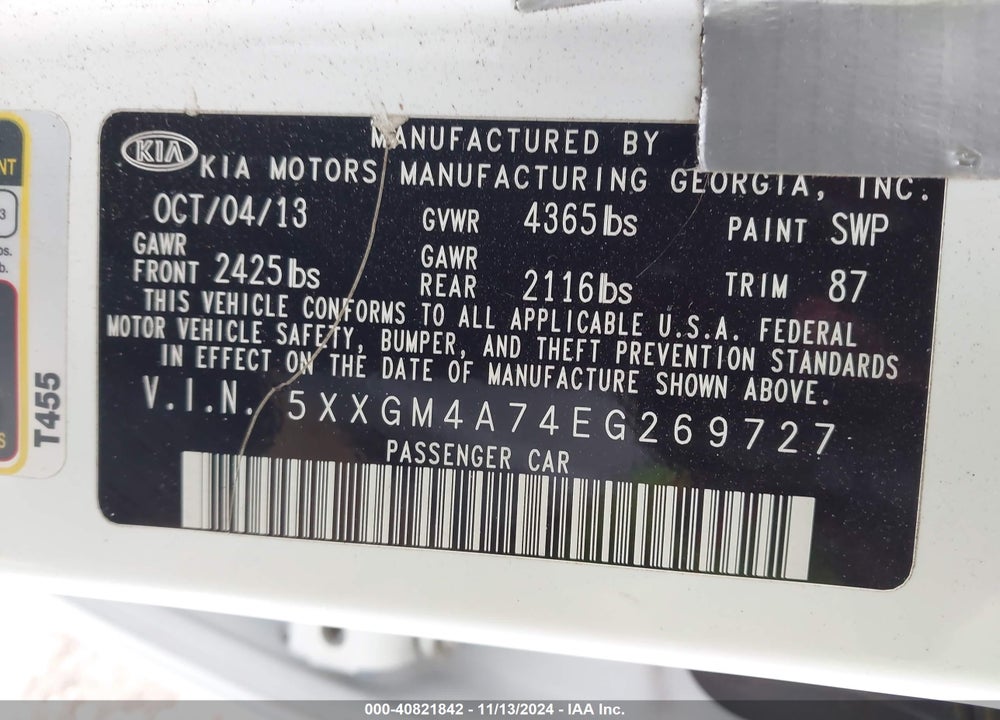 2014 KIA OPTIMA LX VIN: 5XXGM4A74EG269727