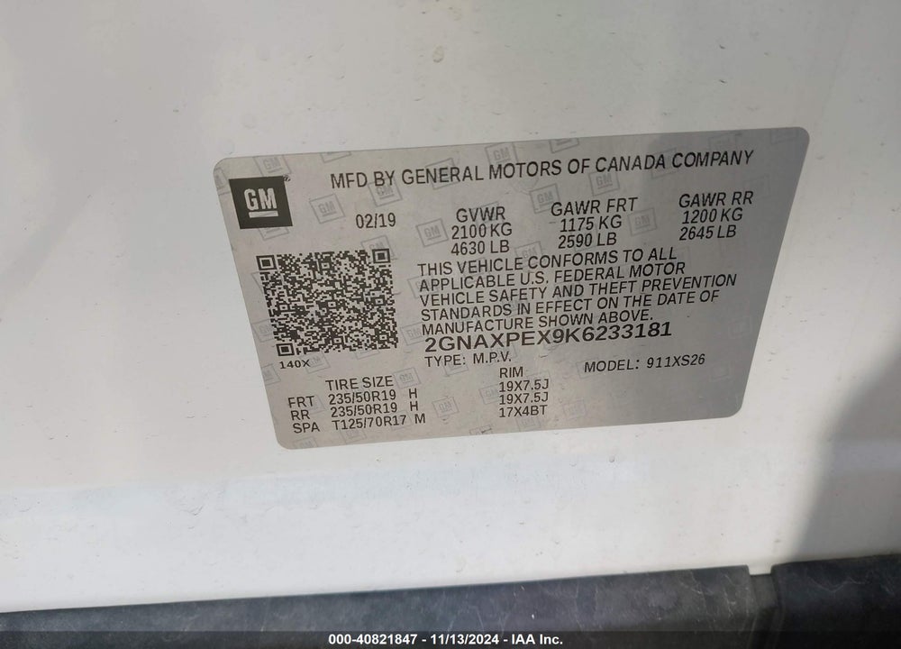 2019 CHEVROLET EQUINOX PREMIER VIN: 2GNAXPEX9K6233181