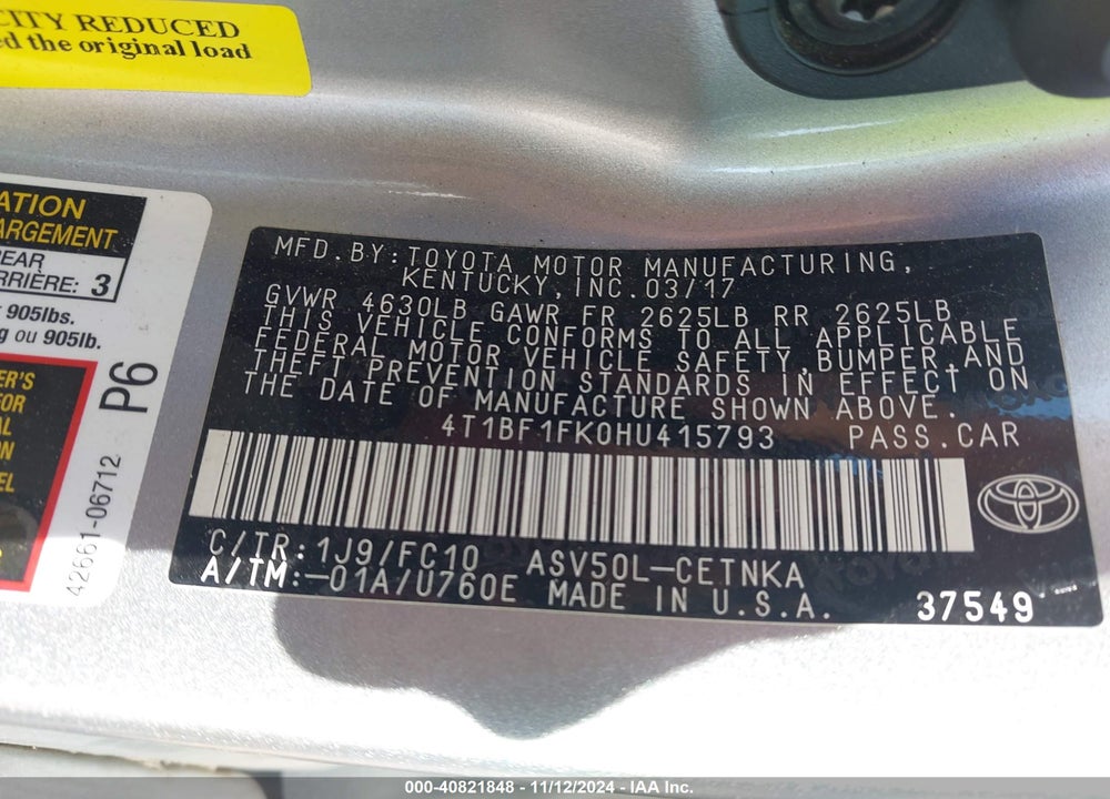 2017 TOYOTA CAMRY LE VIN: 4T1BF1FK0HU415793