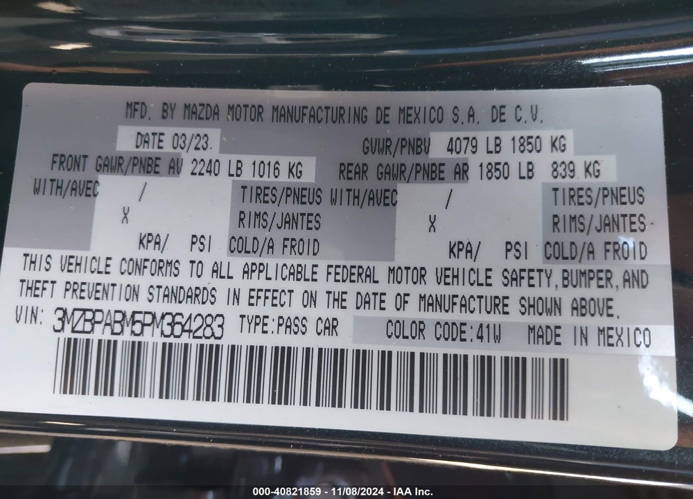 2023 MAZDA 3 2.5 S SELECT VIN: 3MZBPABM5PM364283