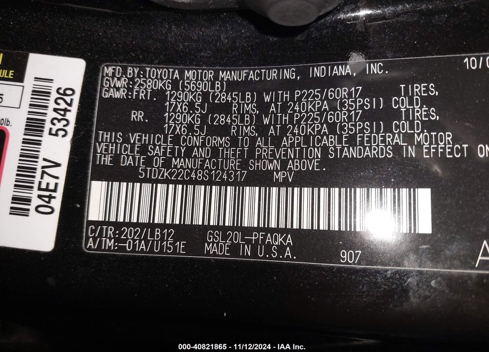 2008 TOYOTA SIENNA LIMITED VIN: 5TDZK22C48S124317