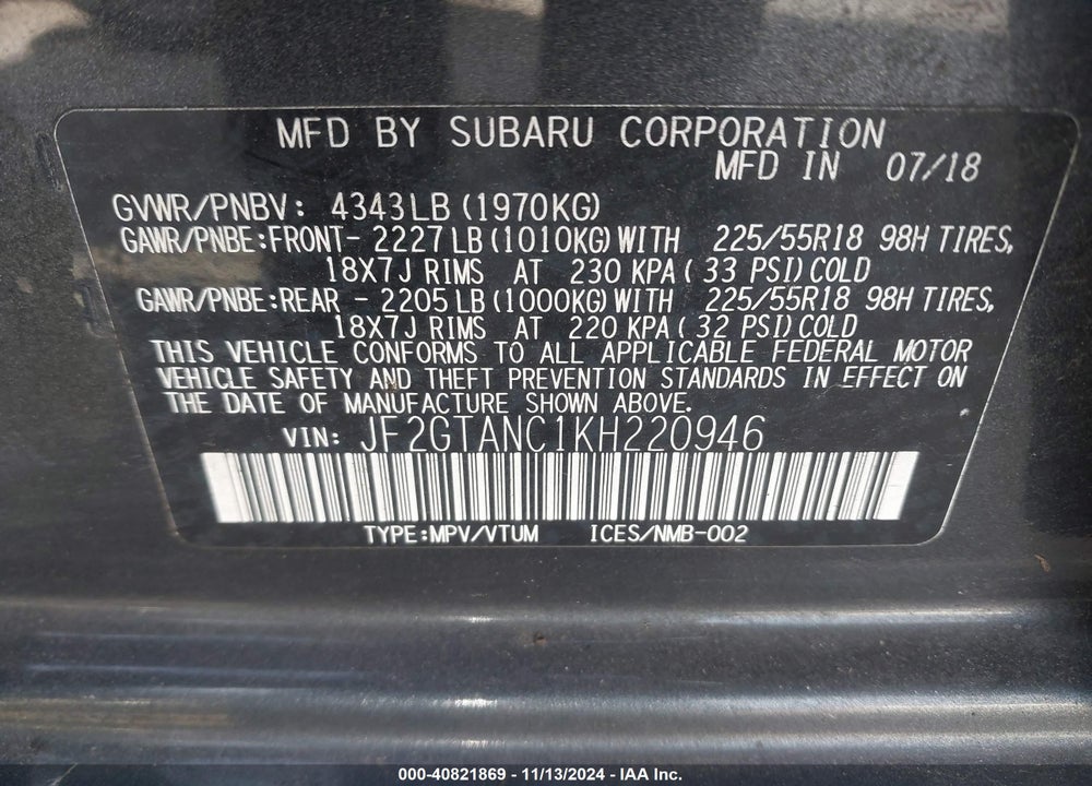 2019 SUBARU CROSSTREK 2.0I LIMITED VIN: JF2GTANC1KH220946