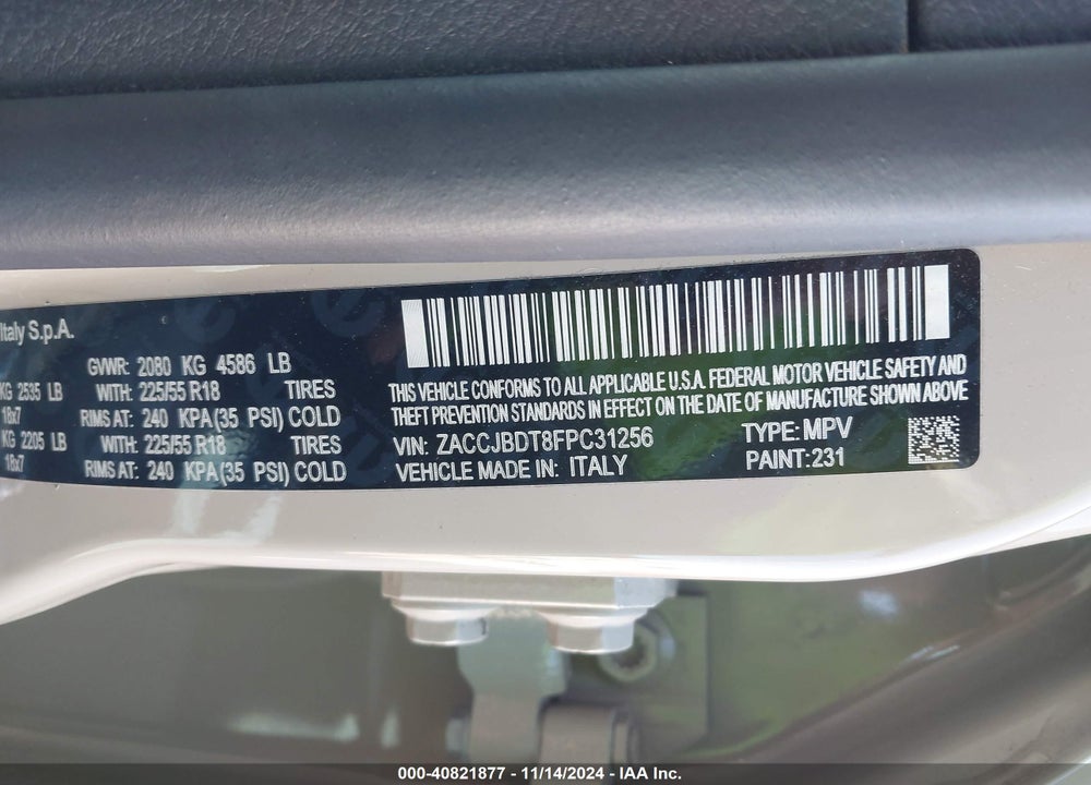2015 JEEP RENEGADE LIMITED VIN: ZACCJBDT8FPC31256