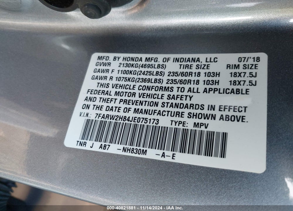 2018 HONDA CR-V EX-L/EX-L NAVI VIN: 7FARW2H84JE075173