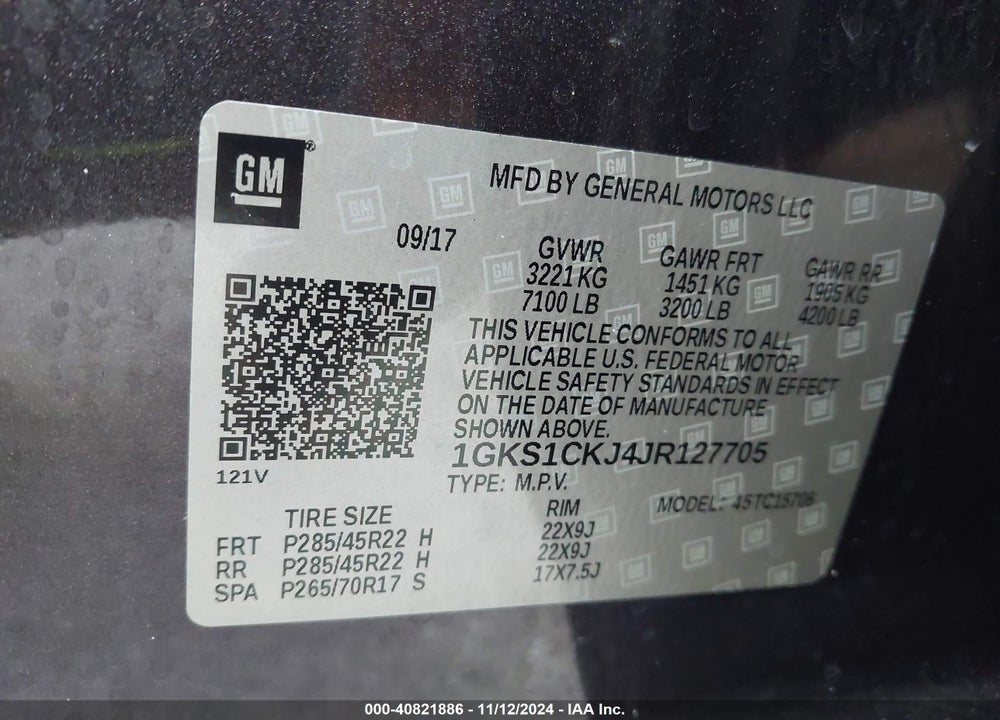 2018 GMC YUKON DENALI VIN: 1GKS1CKJ4JR127705