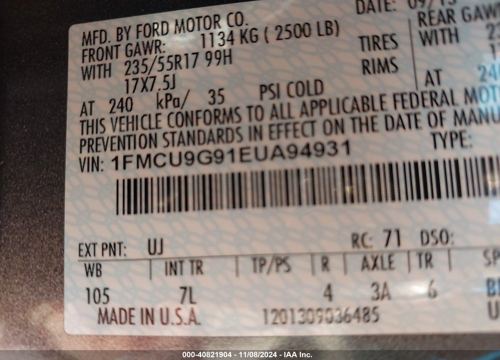 2014 FORD ESCAPE SE VIN: 1FMCU9G91EUA94931