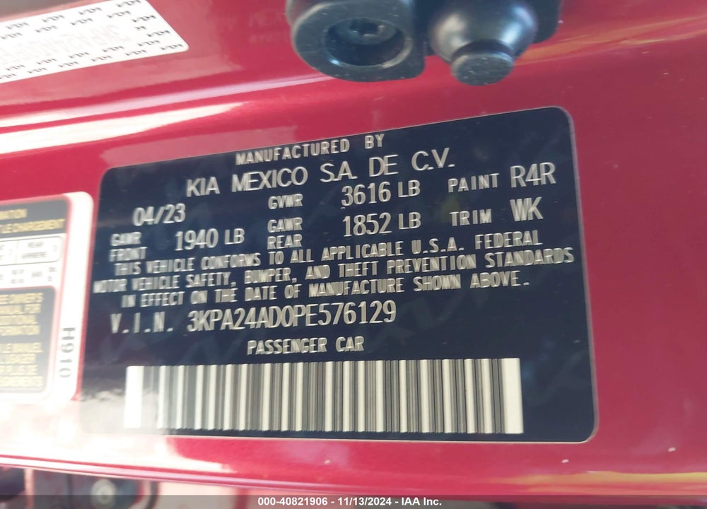 2023 KIA RIO S VIN: 3KPA24AD0PE576129