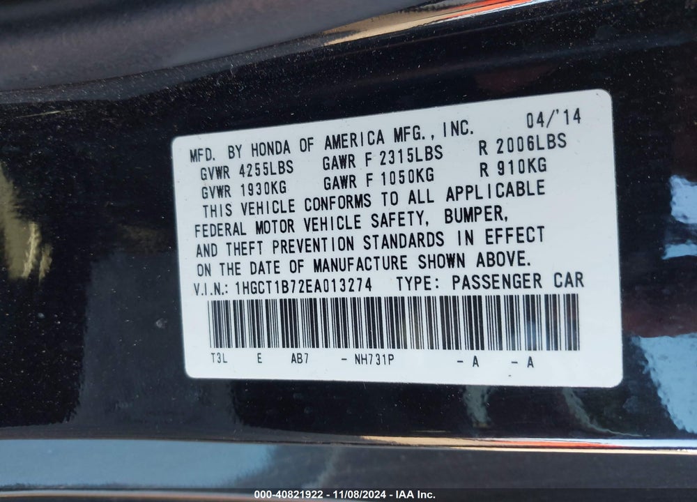 2014 HONDA ACCORD EX VIN: 1HGCT1B72EA013274