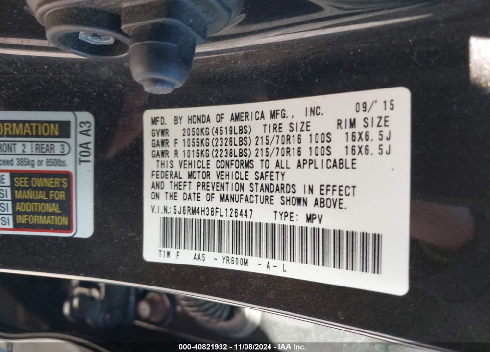 2015 HONDA CR-V LX VIN: 5J6RM4H38FL126447