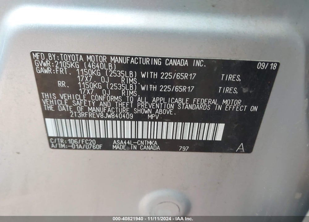 2018 TOYOTA RAV4 XLE VIN: 2T3RFREV8JW840409